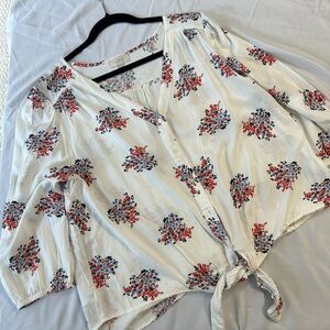 LOFT White Floral Tie-Front Blouse